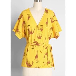 Modcloth Yellow Giraffe Print Wrap Blouse small NWOT